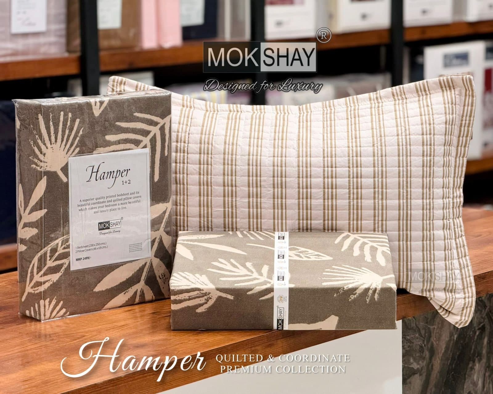 Mokshay Hamper Premium Double Bedsheet (230 x 250 cm) with 2 Quilted Pillow Covers - Grey Leaf Print