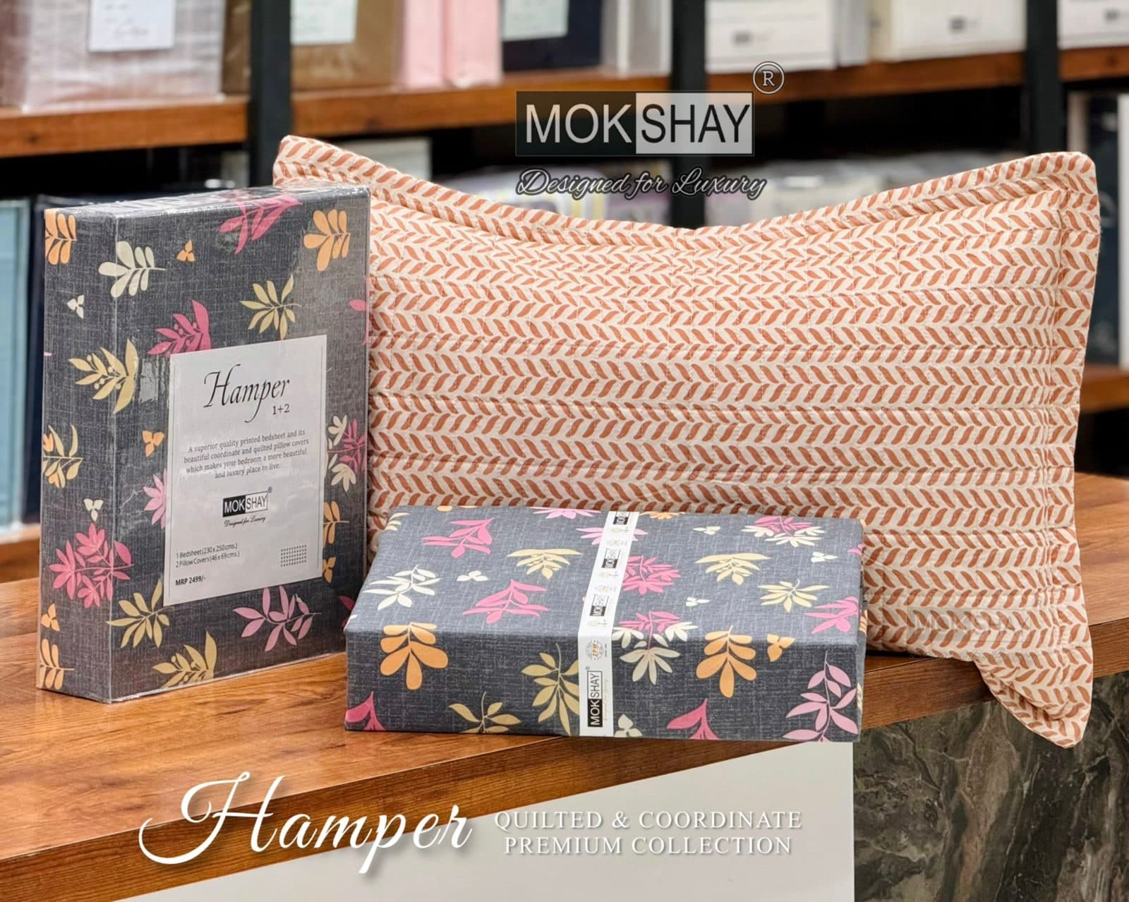 Mokshay Hamper Premium Bedsheet Set (230 x 250 cm) with 2 Quilted Pillow Covers - Dark Grey Floral Leaf & Peach Coordinate