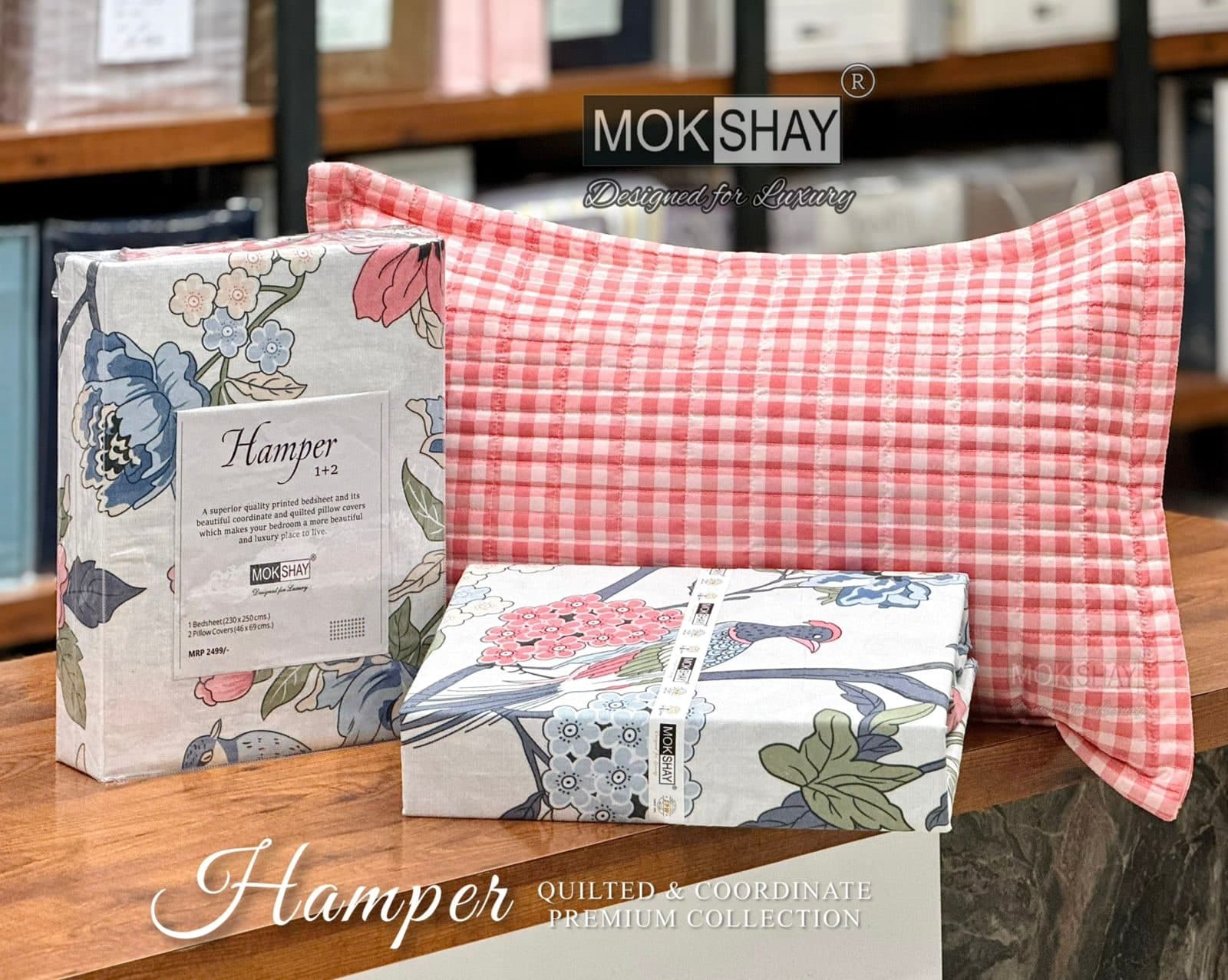 Mokshay Hamper Premium Bedsheet Set (230 x 250 cm) with 2 Quilted Pillow Covers - Light Blue Floral Bird Print & Pink Checkered Coordinate