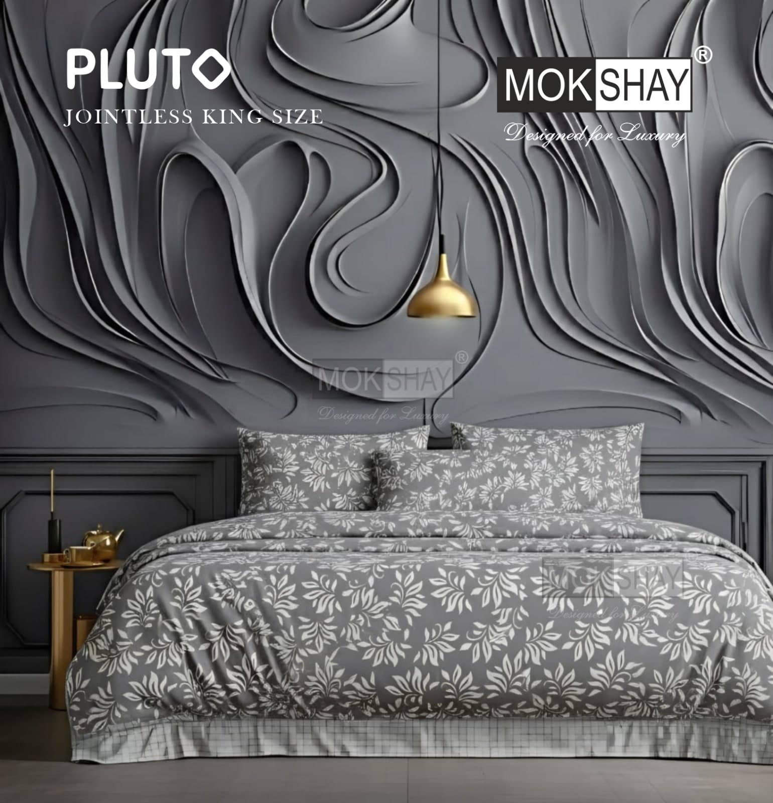 Pluto Grey Floral Printed Jointless King Size Bedsheet Set – 3 Pcs | MOKSHAY
